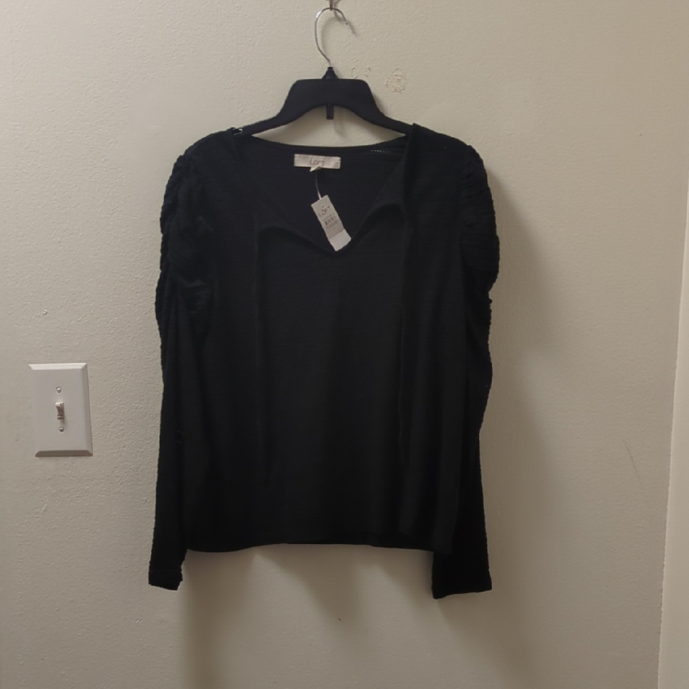 LOFT Elegant Black Gathered Sleeve Blouse